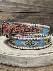 Roper 8681500 Aztec Embroidery Leather Belt Tan side view. If you need any assistance with this item or the purchase of this item please call us at five six one seven four eight eight eight zero one Monday through Saturday 10:00a.m EST to 8:00 p.m EST