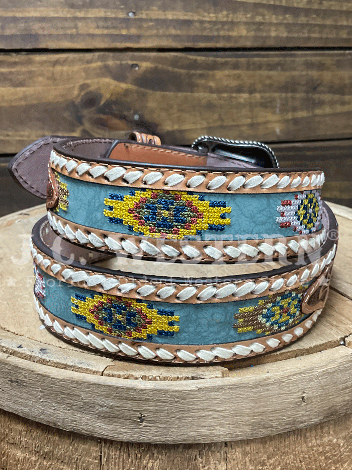 Roper 8681500 Aztec Embroidery Leather Belt Tan front view. If you need any assistance with this item or the purchase of this item please call us at five six one seven four eight eight eight zero one Monday through Saturday 10:00a.m EST to 8:00 p.m EST