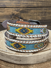 Roper 8681500 Aztec Embroidery Leather Belt Tan back view. If you need any assistance with this item or the purchase of this item please call us at five six one seven four eight eight eight zero one Monday through Saturday 10:00a.m EST to 8:00 p.m EST