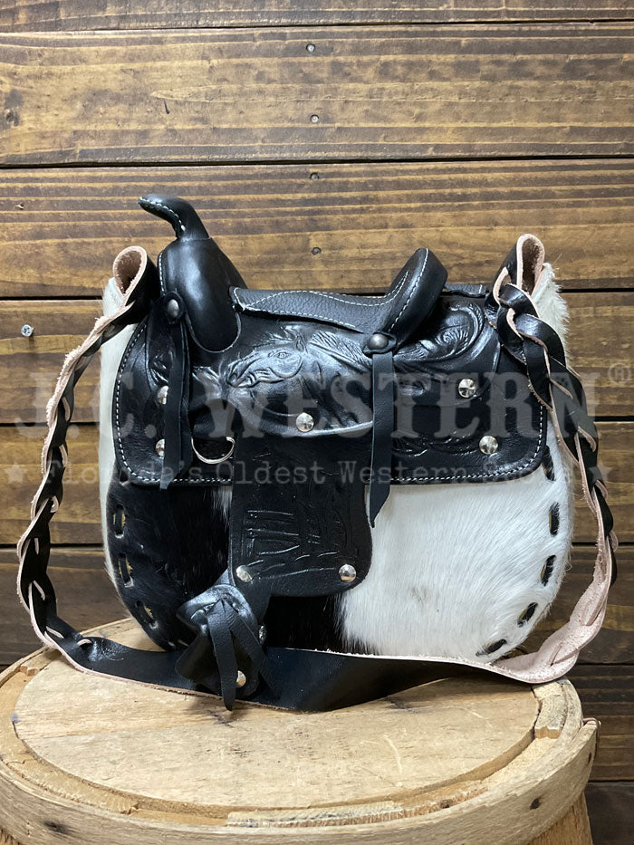 South Bay Leather WS-H Womens Hair On Saddle Purse Black And White front view. If you need any assistance with this item or the purchase of this item please call us at five six one seven four eight eight eight zero one Monday through Saturday 10:00a.m EST to 8:00 p.m EST
