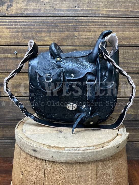 South Bay Leather WS-BK Womens Tooled Saddle Purse Black front view. If you need any assistance with this item or the purchase of this item please call us at five six one seven four eight eight eight zero one Monday through Saturday 10:00a.m EST to 8:00 p.m EST