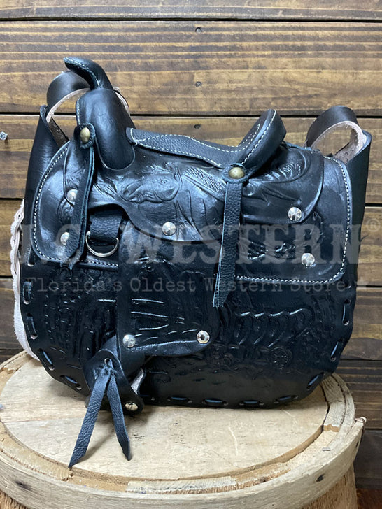 South Bay Leather WS-BK Womens Tooled Saddle Purse Black back view. If you need any assistance with this item or the purchase of this item please call us at five six one seven four eight eight eight zero one Monday through Saturday 10:00a.m EST to 8:00 p.m EST