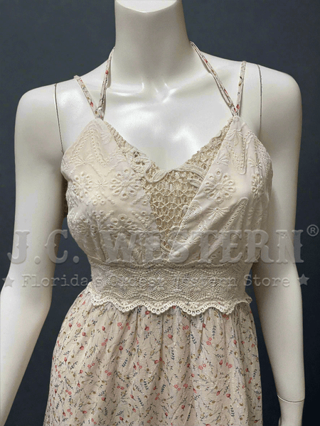 Miss Me MD1852T Womens Ditzy Floral Print Maxi Dress Ivory front close up.If you need any assistance with this item or the purchase of this item please call us at five six one seven four eight eight eight zero one Monday through Saturday 10:00a.m EST to 8:00 p.m EST
