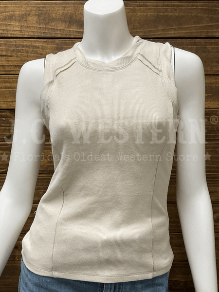 Miss Me MT5004T Womens Exposed Seam Knit Tank Top Natural front view. If you need any assistance with this item or the purchase of this item please call us at five six one seven four eight eight eight zero one Monday through Saturday 10:00a.m EST to 8:00 p.m EST
