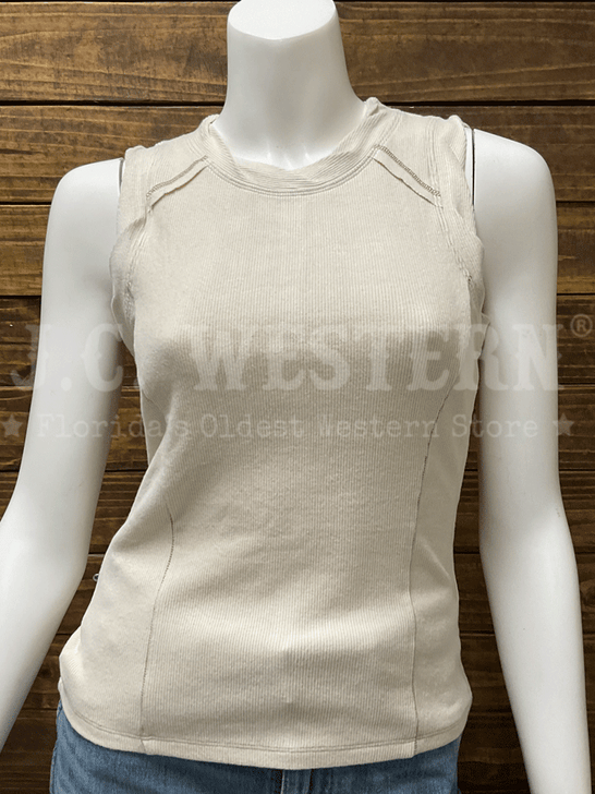 Miss Me MT5004T Womens Exposed Seam Knit Tank Top Natural front view. If you need any assistance with this item or the purchase of this item please call us at five six one seven four eight eight eight zero one Monday through Saturday 10:00a.m EST to 8:00 p.m EST