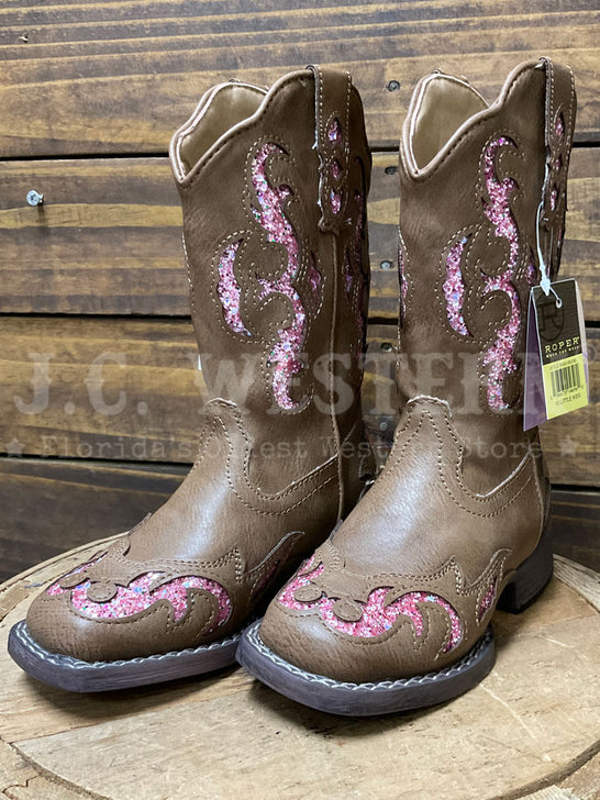 Roper 09-018-1903-2926 Kids Glitter Underlay Boot Pink Tan side / front view pair. If you need any assistance with this item or the purchase of this item please call us at five six one seven four eight eight eight zero one Monday through Saturday 10:00a.m EST to 8:00 p.m EST