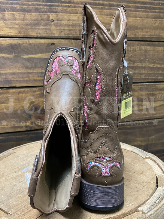 Roper 09-018-1903-2926 Kids Glitter Underlay Boot Pink Tan toe and back view. If you need any assistance with this item or the purchase of this item please call us at five six one seven four eight eight eight zero one Monday through Saturday 10:00a.m EST to 8:00 p.m EST