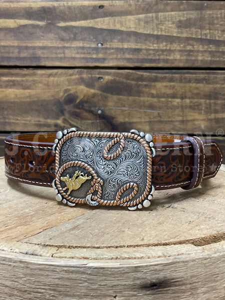 3D D120004202 Kids Crazy Horse Inlay Floral Billet Belt Brown front view. If you need any assistance with this item or the purchase of this item please call us at five six one seven four eight eight eight zero one Monday through Saturday 10:00a.m EST to 8:00 p.m EST