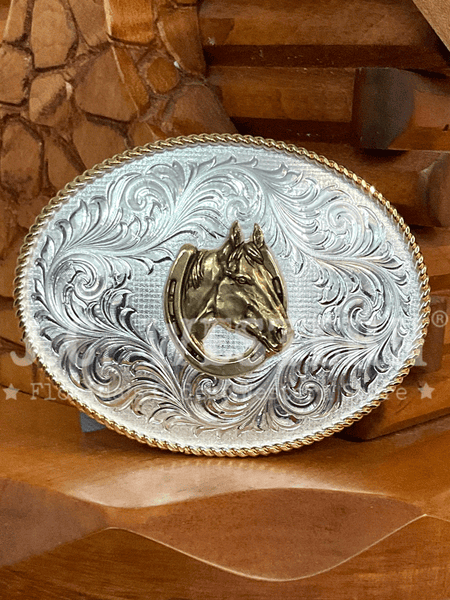 Montana Silversmiths 1255-642 Horse Head In Horse Shoe Classic Western Buckle Silver front view. If you need any assistance with this item or the purchase of this item please call us at five six one seven four eight eight eight zero one Monday through Saturday 10:00a.m EST to 8:00 p.m EST

