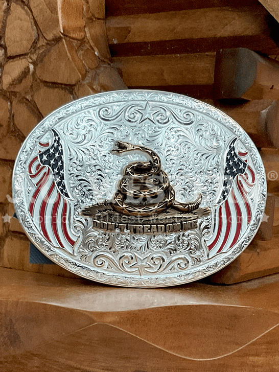 Montana Silversmiths AM53100-1006L Don't Tread On Me American Made Freedom Western Buckle Silver front view.  If you need any assistance with this item or the purchase of this item please call us at five six one seven four eight eight eight zero one Monday through Saturday 10:00a.m EST to 8:00 p.m EST