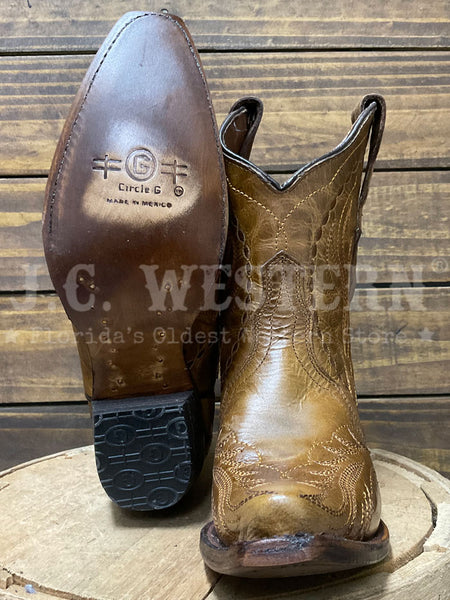 Circle G L6247 Ladies Embroidery Ankle Boot Honey sole and front view. If you need any assistance with this item or the purchase of this item please call us at five six one seven four eight eight eight zero one Monday through Saturday 10:00a.m EST to 8:00 p.m EST
