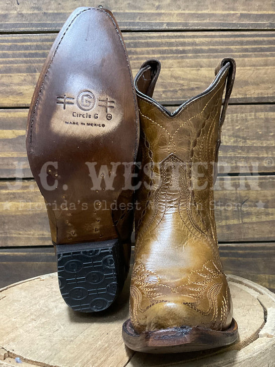 Circle G L6247 Ladies Embroidery Ankle Boot Honey sole and front view. If you need any assistance with this item or the purchase of this item please call us at five six one seven four eight eight eight zero one Monday through Saturday 10:00a.m EST to 8:00 p.m EST