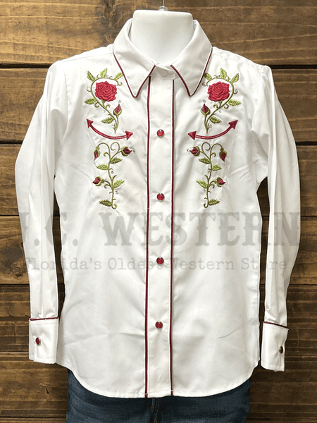 Rangers 011NA01-WHT Girls Long Sleeve Embroidery Western Shirt White front view. If you need any assistance with this item or the purchase of this item please call us at five six one seven four eight eight eight zero one Monday through Saturday 10:00a.m EST to 8:00 p.m EST
