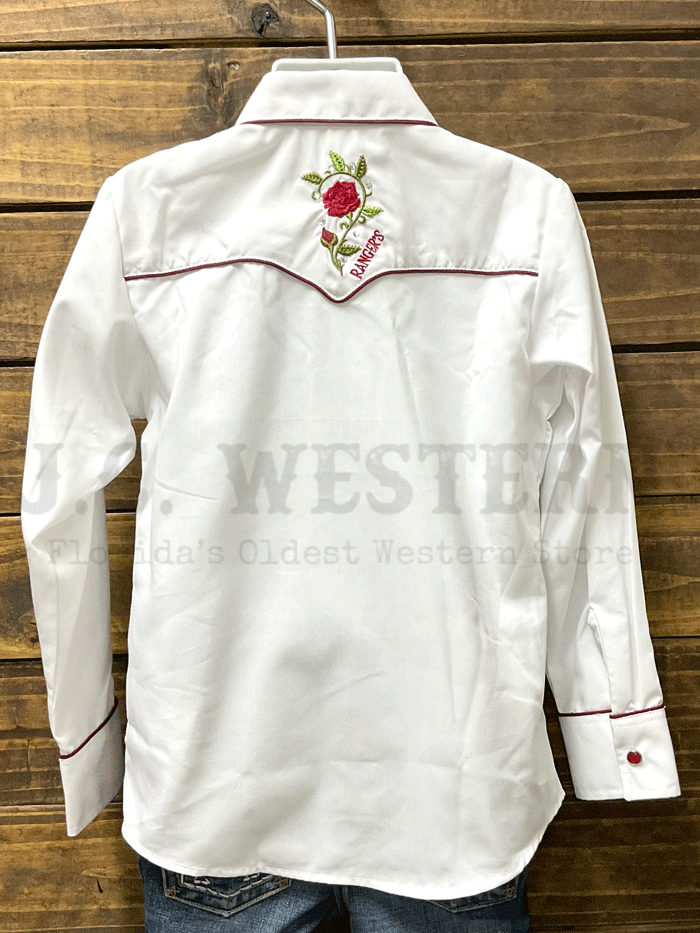 Rangers 011NA01-WHT Girls Long Sleeve Embroidery Western Shirt White front view. If you need any assistance with this item or the purchase of this item please call us at five six one seven four eight eight eight zero one Monday through Saturday 10:00a.m EST to 8:00 p.m EST