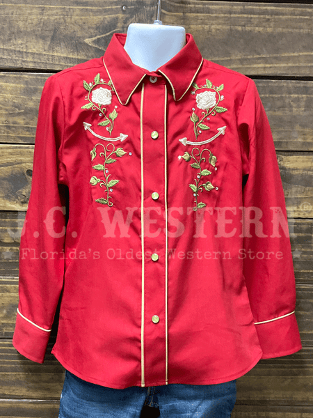 Rangers 011NA01-RED Girls Long Sleeve Embroidery Western Shirt Red front view. If you need any assistance with this item or the purchase of this item please call us at five six one seven four eight eight eight zero one Monday through Saturday 10:00a.m EST to 8:00 p.m EST