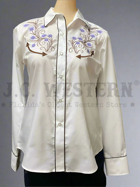 Rangers 081DA01-WHT Womens Long Sleeve Embroidery Western Shirt White front view. If you need any assistance with this item or the purchase of this item please call us at five six one seven four eight eight eight zero one Monday through Saturday 10:00a.m EST to 8:00 p.m EST