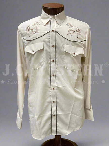 Rangers 1044CA01 Mens Running Horses Western Shirt Beige front view. If you need any assistance with this item or the purchase of this item please call us at five six one seven four eight eight eight zero one Monday through Saturday 10:00a.m EST to 8:00 p.m EST 