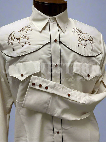Rangers 1044CA01 Mens Running Horses Western Shirt Beige close up. If you need any assistance with this item or the purchase of this item please call us at five six one seven four eight eight eight zero one Monday through Saturday 10:00a.m EST to 8:00 p.m EST