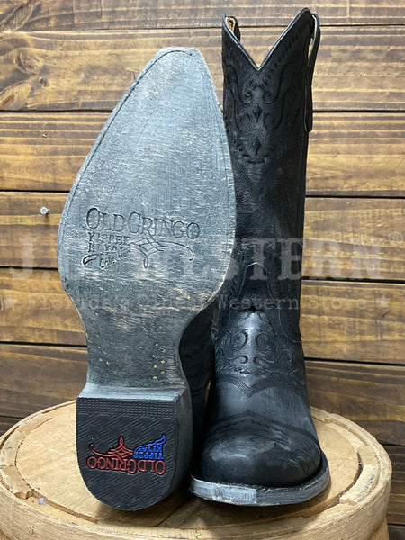 Old Gringo YL161-2 Womens SINTRA Leather Boot Black sole and front view. If you need any assistance with this item or the purchase of this item please call us at five six one seven four eight eight eight zero one Monday through Saturday 10:00a.m EST to 8:00 p.m EST