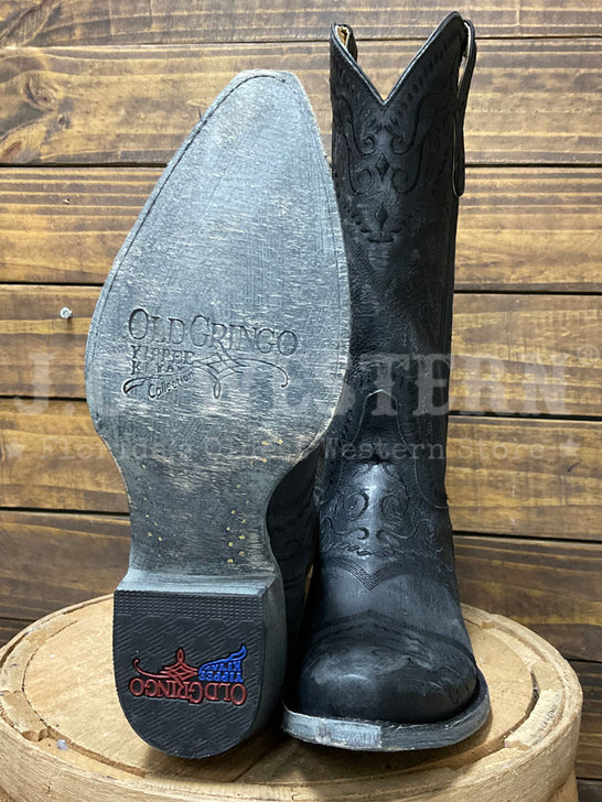 Old Gringo YL161-2 Womens SINTRA Leather Boot Black sole and front view. If you need any assistance with this item or the purchase of this item please call us at five six one seven four eight eight eight zero one Monday through Saturday 10:00a.m EST to 8:00 p.m EST