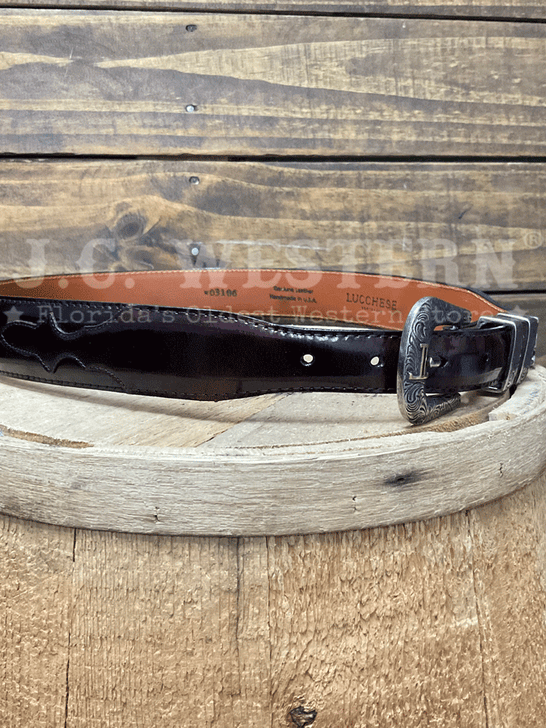 Lucchese W03106-6301-36 Custom Smooth Goat Leather Tapered Belt Black Cherry Size 36 front and side view. If you need any assistance with this item or the purchase of this item please call us at five six one seven four eight eight eight zero one Monday through Saturday 10:00a.m EST to 8:00 p.m EST

