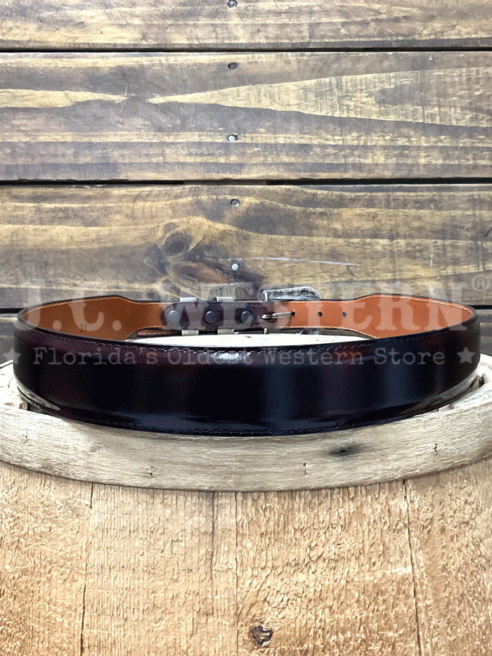 Lucchese W03106-6301-36 Custom Smooth Goat Leather Tapered Belt Black Cherry Size 36 front view rolled. If you need any assistance with this item or the purchase of this item please call us at five six one seven four eight eight eight zero one Monday through Saturday 10:00a.m EST to 8:00 p.m EST

