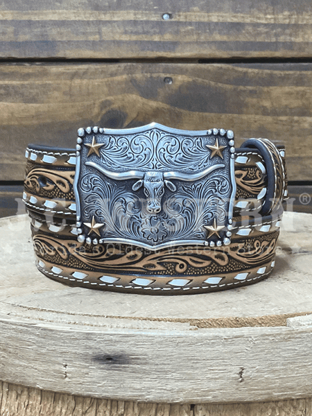 3D D120004302 Kids Embossed Buck Lace Belt With Buckle Brown front view. If you need any assistance with this item or the purchase of this item please call us at five six one seven four eight eight eight zero one Monday through Saturday 10:00a.m EST to 8:00 p.m EST