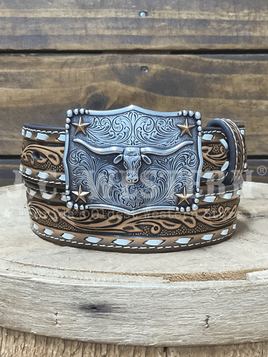 3D D120004302 Kids Embossed Buck Lace Belt With Buckle Brown front view. If you need any assistance with this item or the purchase of this item please call us at five six one seven four eight eight eight zero one Monday through Saturday 10:00a.m EST to 8:00 p.m EST