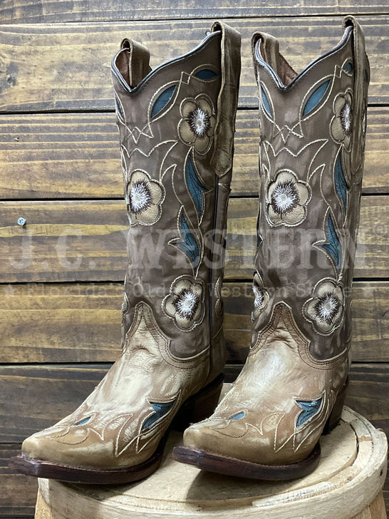Circle G L6155 Ladies Inlay & Embroidery Boot Sand Bark side / front view pair. If you need any assistance with this item or the purchase of this item please call us at five six one seven four eight eight eight zero one Monday through Saturday 10:00a.m EST to 8:00 p.m EST
