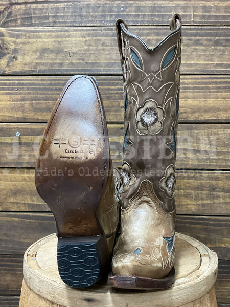 Circle G L6155 Ladies Inlay & Embroidery Boot Sand Bark sole and front view. If you need any assistance with this item or the purchase of this item please call us at five six one seven four eight eight eight zero one Monday through Saturday 10:00a.m EST to 8:00 p.m EST