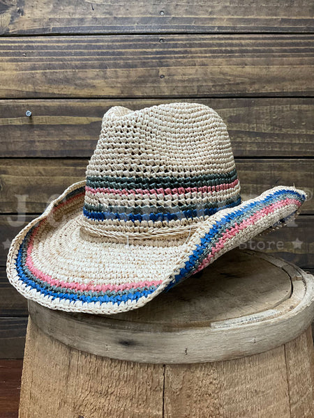 Scala LR679OS-OL TREZZA Hand Crocheted Raffia Western Hat Olive side / front view. If you need any assistance with this item or the purchase of this item please call us at five six one seven four eight eight eight zero one Monday through Saturday 10:00a.m EST to 8:00 p.m EST