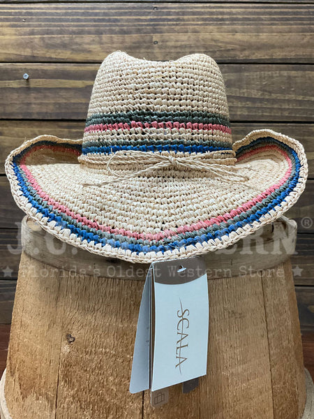 Scala LR679OS-OL TREZZA Hand Crocheted Raffia Western Hat Olive back view. If you need any assistance with this item or the purchase of this item please call us at five six one seven four eight eight eight zero one Monday through Saturday 10:00a.m EST to 8:00 p.m EST