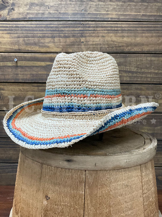 Scala LR679OS-LB TREZZA Hand Crocheted Raffia Western Hat Light Blue side / front view. If you need any assistance with this item or the purchase of this item please call us at five six one seven four eight eight eight zero one Monday through Saturday 10:00a.m EST to 8:00 p.m EST