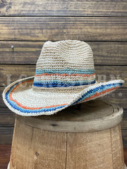 Scala LR679OS-LB TREZZA Hand Crocheted Raffia Western Hat Light Blue side / front view. If you need any assistance with this item or the purchase of this item please call us at five six one seven four eight eight eight zero one Monday through Saturday 10:00a.m EST to 8:00 p.m EST