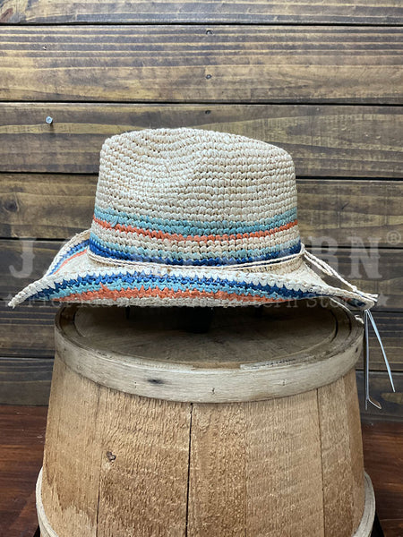 Scala LR679OS-LB TREZZA Hand Crocheted Raffia Western Hat Light Blue side view. If you need any assistance with this item or the purchase of this item please call us at five six one seven four eight eight eight zero one Monday through Saturday 10:00a.m EST to 8:00 p.m EST
