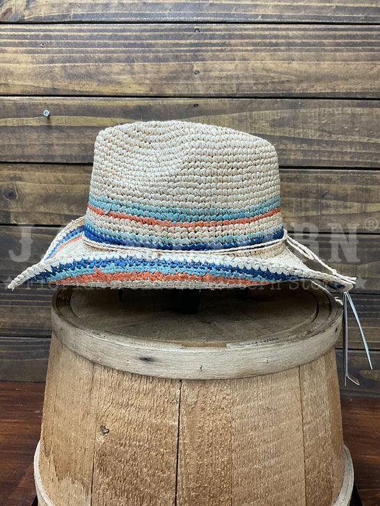 Scala LR679OS-LB TREZZA Hand Crocheted Raffia Western Hat Light Blue side view. If you need any assistance with this item or the purchase of this item please call us at five six one seven four eight eight eight zero one Monday through Saturday 10:00a.m EST to 8:00 p.m EST