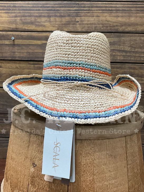 Scala LR679OS-LB TREZZA Hand Crocheted Raffia Western Hat Light Blue back view. If you need any assistance with this item or the purchase of this item please call us at five six one seven four eight eight eight zero one Monday through Saturday 10:00a.m EST to 8:00 p.m EST