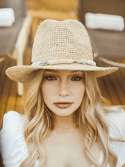 Scala LR785-NAT CALLA Raffia Safari Hat Natural on model. If you need any assistance with this item or the purchase of this item please call us at five six one seven four eight eight eight zero one Monday through Saturday 10:00a.m EST to 8:00 p.m EST


