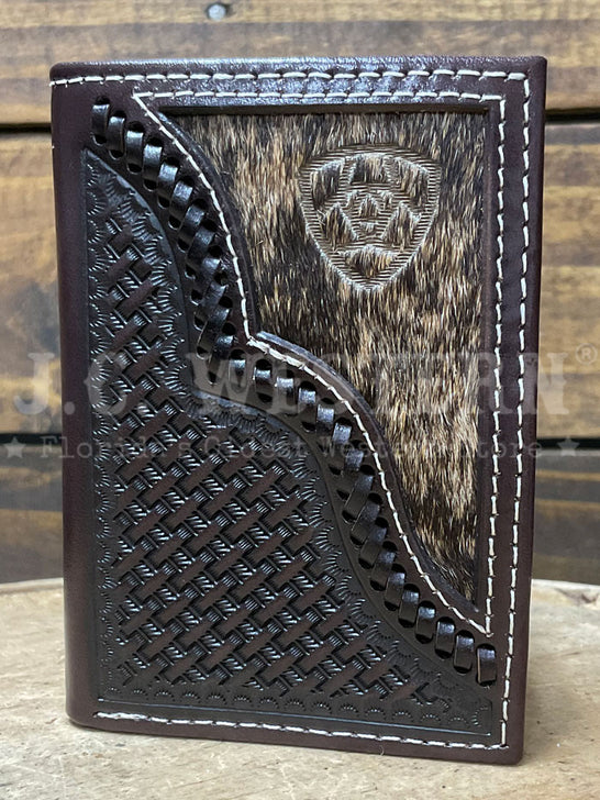 Ariat A3562747 Mens Calf Hair Trifold Wallet Chocolate Dark Brown front view. If you need any assistance with this item or the purchase of this item please call us at five six one seven four eight eight eight zero one Monday through Saturday 10:00a.m EST to 8:00 p.m EST