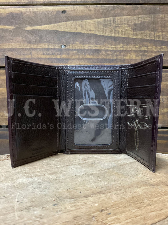 Ariat A3562747 Mens Calf Hair Trifold Wallet Chocolate Dark Brown inside view. If you need any assistance with this item or the purchase of this item please call us at five six one seven four eight eight eight zero one Monday through Saturday 10:00a.m EST to 8:00 p.m EST