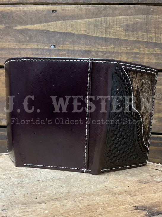 Ariat A3562747 Mens Calf Hair Trifold Wallet Chocolate Dark Brown outside view. If you need any assistance with this item or the purchase of this item please call us at five six one seven four eight eight eight zero one Monday through Saturday 10:00a.m EST to 8:00 p.m EST