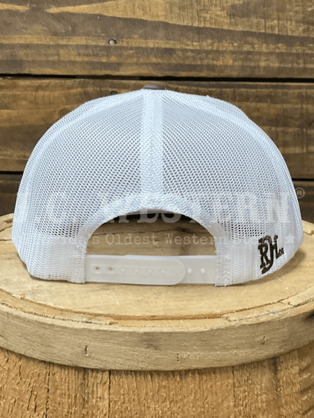 White mesh cap on a wooden barrel with a wooden background back view. If you need any assistance with this item or the purchase of this item please call us at five six one seven four eight eight eight zero one Monday through Saturday 10:00a.m EST to 8:00 p.m EST