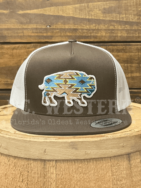 Trucker hat with a colorful buffalo design on a wooden surface front view.If you need any assistance with this item or the purchase of this item please call us at five six one seven four eight eight eight zero one Monday through Saturday 10:00a.m EST to 8:00 p.m EST