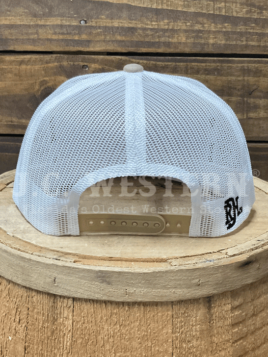 White mesh cap with a brand logo on a wooden surface back view. If you need any assistance with this item or the purchase of this item please call us at five six one seven four eight eight eight zero one Monday through Saturday 10:00a.m EST to 8:00 p.m EST