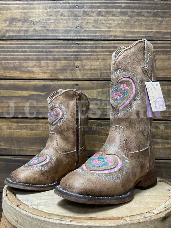 Roper 3623 Kids Glitter Heart Underlay Western Boot Tan Pink side / front view pair. If you need any assistance with this item or the purchase of this item please call us at five six one seven four eight eight eight zero one Monday through Saturday 10:00a.m EST to 8:00 p.m EST