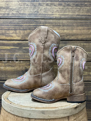 Roper 3623 Kids Glitter Heart Underlay Western Boot Tan Pink inner side and zipper side view. If you need any assistance with this item or the purchase of this item please call us at five six one seven four eight eight eight zero one Monday through Saturday 10:00a.m EST to 8:00 p.m EST