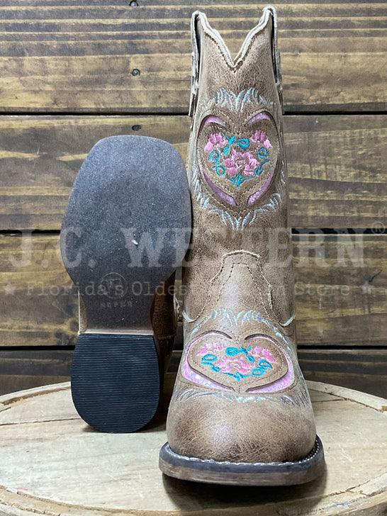 Roper 3623 Kids Glitter Heart Underlay Western Boot Tan Pink sole and front view. If you need any assistance with this item or the purchase of this item please call us at five six one seven four eight eight eight zero one Monday through Saturday 10:00a.m EST to 8:00 p.m EST