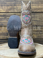 Roper 3623 Kids Glitter Heart Underlay Western Boot Tan Pink sole and front view. If you need any assistance with this item or the purchase of this item please call us at five six one seven four eight eight eight zero one Monday through Saturday 10:00a.m EST to 8:00 p.m EST