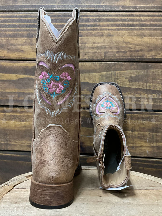 Roper 3623 Kids Glitter Heart Underlay Western Boot Tan Pink back and toe view. If you need any assistance with this item or the purchase of this item please call us at five six one seven four eight eight eight zero one Monday through Saturday 10:00a.m EST to 8:00 p.m EST