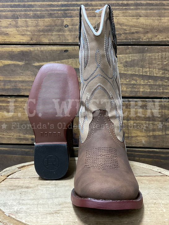 Roper 3368 Kids Western Stitch Boot Brown Tan sole and front view. If you need any assistance with this item or the purchase of this item please call us at five six one seven four eight eight eight zero one Monday through Saturday 10:00a.m EST to 8:00 p.m EST